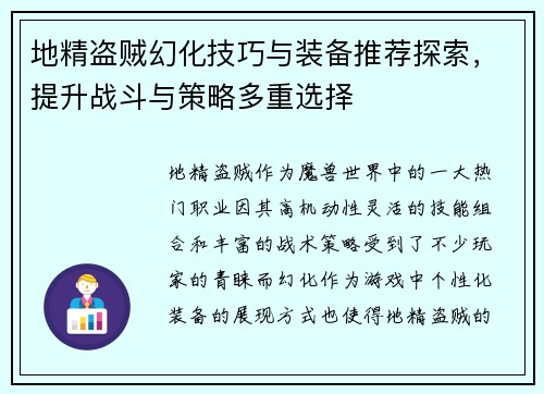 地精盗贼幻化技巧与装备推荐探索，提升战斗与策略多重选择