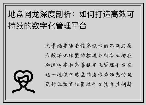 地盘网龙深度剖析：如何打造高效可持续的数字化管理平台